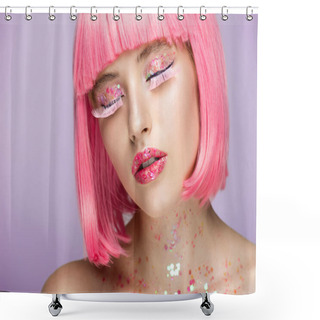 Personality  Attractive Woman With Pink Hair, Glittering Makeup And Long Eyelashes Isolated On Violet Shower Curtains