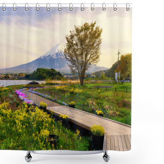 Personality  Oishi Spring Garden At Spring With Mt. Fuji View And Twilight Sky At Dusk, Lake Kawaguchiko, Japan Shower Curtains