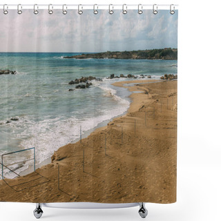 Personality  Wet Sandy Beach Near Mediterranean Sea Against Blue Sky Shower Curtains