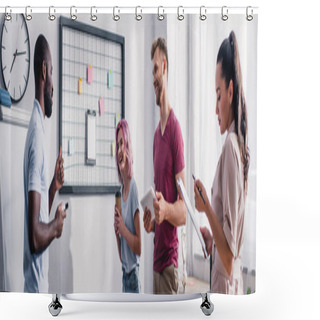 Personality  Panoramic Shot Of Multicultural Business People With Digital Tablet And Coffee To Go In Office  Shower Curtains