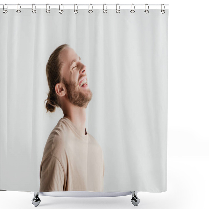 Personality  happy young handsome man in beige outfit laughing isolated on white shower curtains