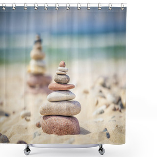 Personality  Balanced Stones Stacked In Pile On A Sand Near Sea Shower Curtains