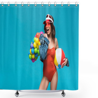 Personality  Excited Girl In Swimsuit And Roller Skates Holding Beach Ball And Sting Bag With Colorful Balls Isolated On Blue Shower Curtains