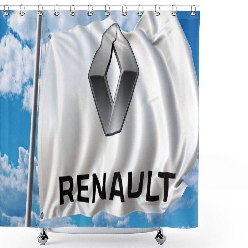 Personality  Waving Flag With Renault Logo Against Sky And Clouds. Editorial 3D Rendering Shower Curtains