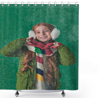 Personality  Positive Kid In Ear Muffs, Striped Scarf And Winter Attire Standing Under Falling Snow On Turquoise Shower Curtains