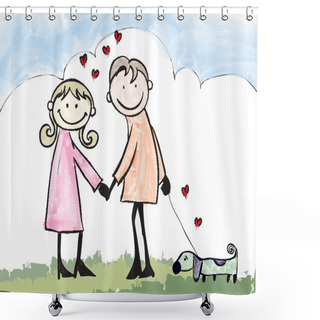 Personality  Happy Lover Couple Dating Cartoon Illustration  Shower Curtains