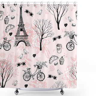 Personality  Hand Drawing Vintage Postcard With Paris Eiffel Tower Shower Curtains