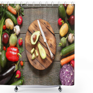 Personality  Assortment Of Vegetables With A Round Chopping Board In Rustic S Shower Curtains