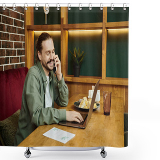 Personality  A Man, Seated At A Table In A Modern Cafe, Is Engrossed In A Phone Conversation. Shower Curtains