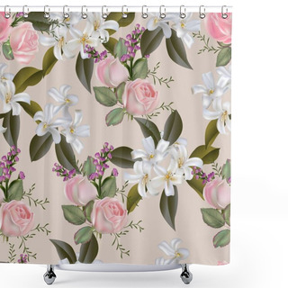 Personality  Pink Roses And Sampaguita Jasmine Bouquet Seamless Pattern Vector Illustration Shower Curtains