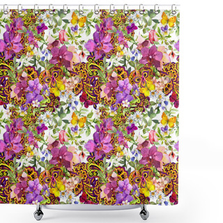 Personality  Seamless Floral Pattern. Ethnic Ornate Ornament Paisley, Flowers, Butterflies . Watercolor Shower Curtains