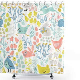 Personality  Vector Seamless Pattern With Bunnies And Chicken For Easter And Other Users Shower Curtains
