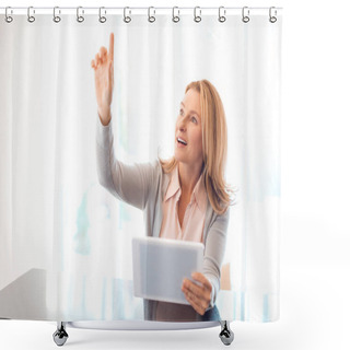 Personality  Pretty Blonde Woman Using Digital Tablet And Pointing With Finger Shower Curtains