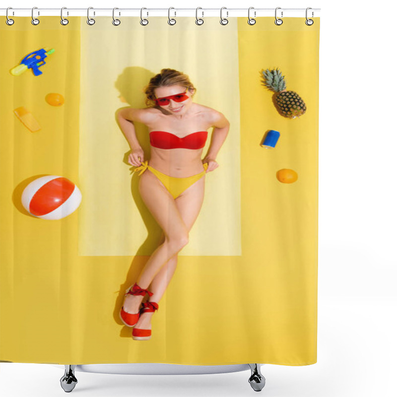 Personality  Top View Of Cheerful Woman In Swimsuit Near Water Gun, Sunscreen, Inflatable Ball, Can Of Soda And Fruits On Yellow Shower Curtains