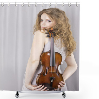 Personality  Beautiful Curly Blonde In Gray Evening Dress With Red Violin In Her Hands Shower Curtains