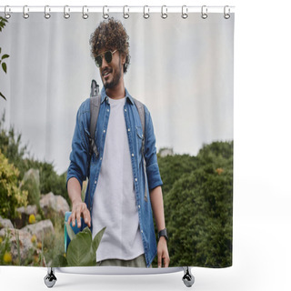 Personality  Wild Nature, Happy Indian Man In Sunglasses Walking With Backpack On Hill, Hiker Having Journey Shower Curtains