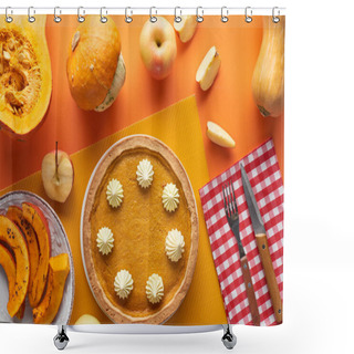 Personality  Tasty Pumpkin Pie With Whipped Cream Near Baked And Raw Pumpkins, Whole And Cut Apples, Fork And Knife On Orange Surface Shower Curtains