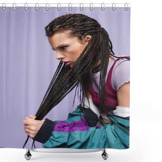 Personality  Young Woman In Vintage Clothes Touching Braided Dreadlocks Isolated On Purple Shower Curtains