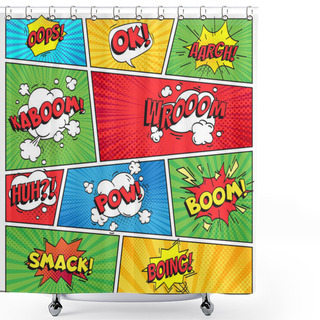 Personality  Comics Page. Comic Book Grid Frame, Funny Oops Bam Smack Text Speech Bubbles On Color Stripes Background Vector Layout Template Shower Curtains