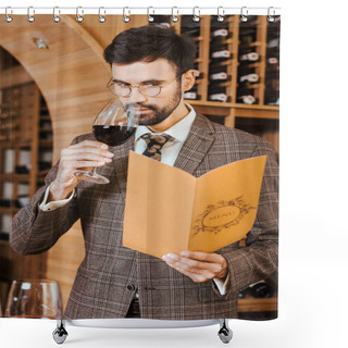 Personality  Handsome Young Sommelier With Menu Card Sniffing Wine From Glass At Wine Store Shower Curtains