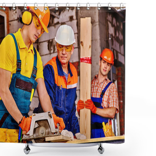 Personality  Group People  Builder With Circular Saw Shower Curtains