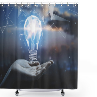 Personality  Business Idea Concept With Hand Holding 3d Geometric Light Bulb At Abstract City Background Shower Curtains