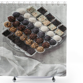 Personality  Top View Of Arranged Various Sweet Desserts On Plate And Tablecloth On Grey Surface Shower Curtains