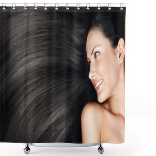 Personality  Close-up Portrait Of A Beautiful Young Woman With Elegant Long Shiny Hair, Conceptual Hairstyle Shower Curtains