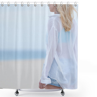 Personality  Woman On Sandy Beach In White Shirt At Dusk. Shower Curtains