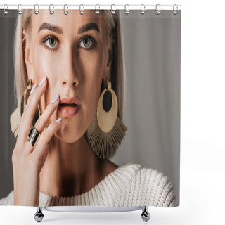 Personality  Attractive Blonde Girl Posing In White Sweater And Big Round Earrings, Isolated On Grey Shower Curtains