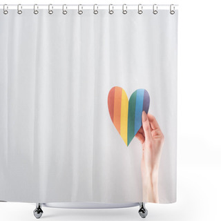 Personality  Cropped View Of Female Hand With Rainbow Colored Paper Heart On Grey Background, Lgbt Concept Shower Curtains