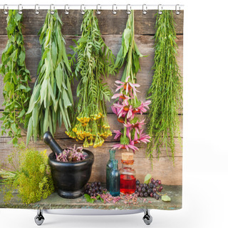 Personality  Bunches Of Healing Herbs On Wooden Wall, Mortar With Dried Plant Shower Curtains