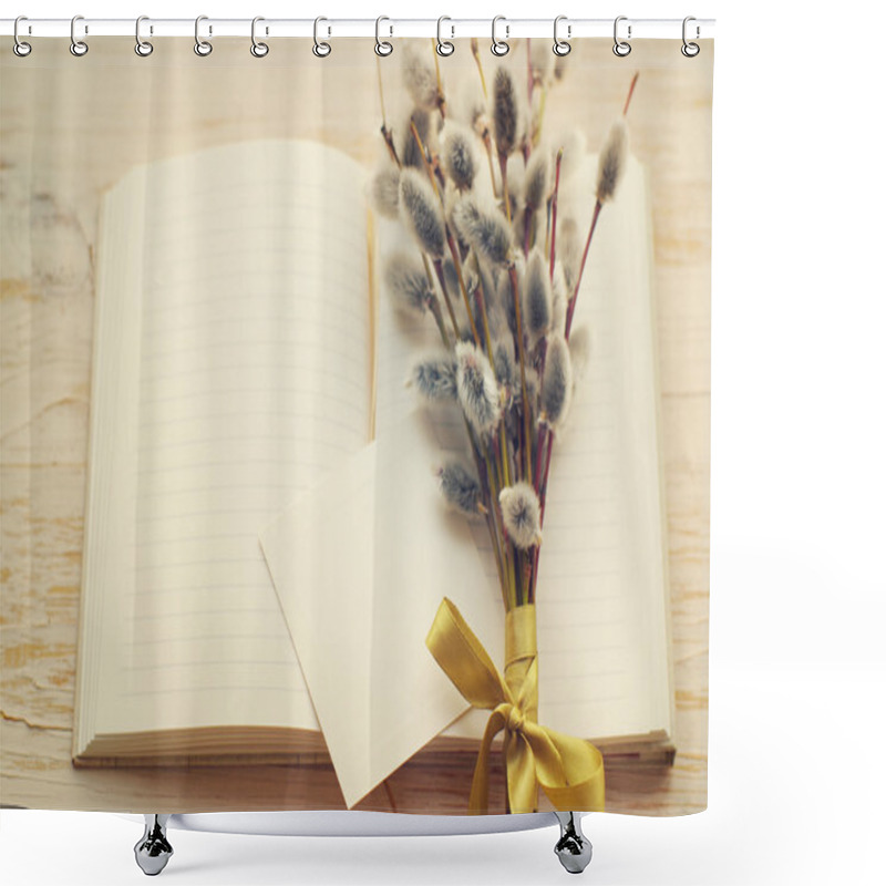 Personality  Bouquet kidney willow and open blank notebook and an empty white card for the text shower curtains
