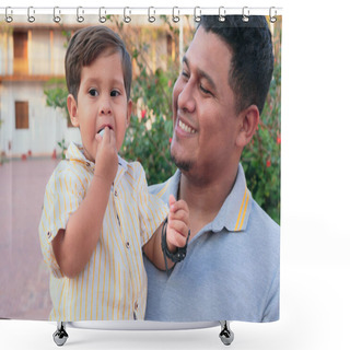Personality  Hispanic Father And Son Spend A Day Together In The Park Shower Curtains