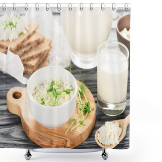 Personality  Close-up View Of Delicious Healthy Cottage Cheese And Milk On Wooden Table Shower Curtains