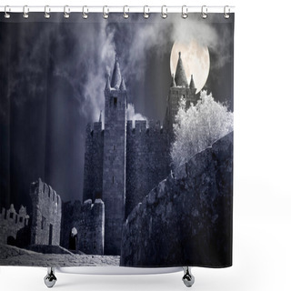Personality  Mysterious Castle In A Crrepy Full Moon Night. Shower Curtains