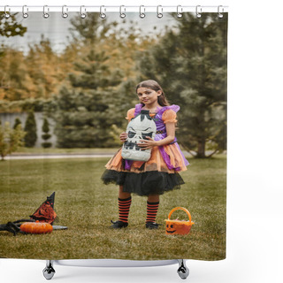 Personality  Girl In Halloween Costume Holding Diy Spooky Decoration Near Pumpkin, Pointed Hat And Candy Bucket Shower Curtains