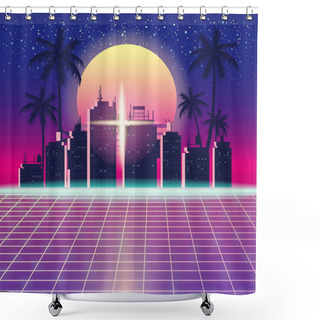Personality  Synthwave Retro Futuristic Landscape With City Palms, Sun, Stars And Styled Laser Grid. Neon Retrowave Design And Elements Sci-fi 80s 90s Space. Vector Illustration Template Isolated Background Shower Curtains