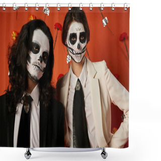 Personality  Portrait Of Stylish Couple In Dia De Los Muertos Makeup In Red Studio With Carnation Flowers Decor Shower Curtains
