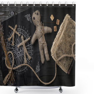 Personality  Voodoo Doll With Pins Surrounded By Ceremonial Items On Black Wooden Table, Flat Lay Shower Curtains