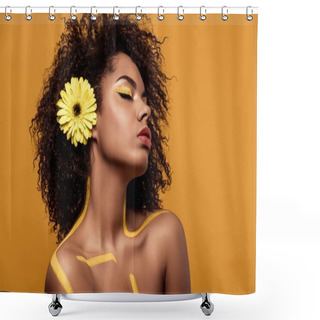 Personality  Attractive Young African American Woman With Artistic Make-up And Gerbera In Hair Isolated On Orange Background Shower Curtains