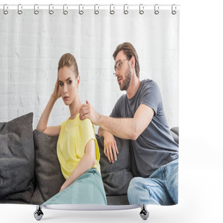 Personality  Young Man Trying To Cheering Up Upset Girlfriend After Quarrel  Shower Curtains
