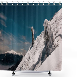 Personality  Scenic View Of Snowy Mountain With Pine Trees And White Fluffy Clouds In Dark Sky In Evening, Panoramic Shot Shower Curtains