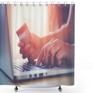 Personality  Hands Holding Credit Card And Using Laptop. Online Shopping Shower Curtains