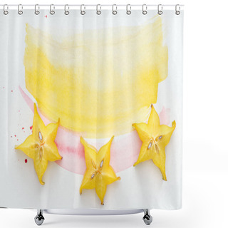 Personality  Top View Of Sweet Star Fruits On White Surface With Yellow And Pink Watercolors Shower Curtains