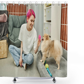 Personality  Purple-haired Female Dog Sitter Playing With Cute Pomeranian Spitz In Pet Hotel, Canine Enjoyment Shower Curtains