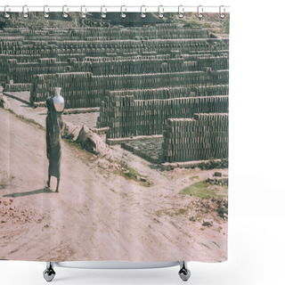 Personality  Poor Barefoot Person Carrying Pitcher On Shoulder And Outdoor Warehouse Of Bricks Around In Nepal Shower Curtains