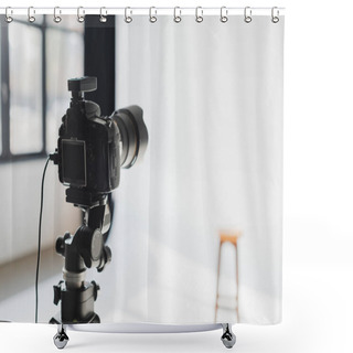 Personality  Selective Focus Of Digital Camera On Backstage In Photo Studio Shower Curtains