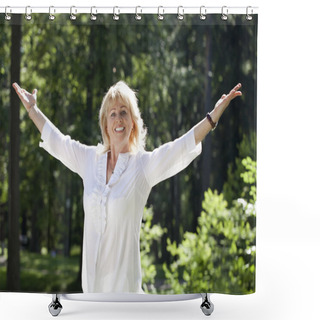 Personality  Portrait Of Serene Mature Woman In The Summer Park  Shower Curtains
