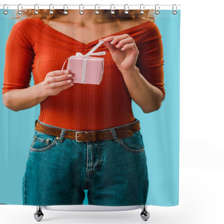 Personality  Cropped View Of Woman Holding Gift Box Isolated On Blue Shower Curtains